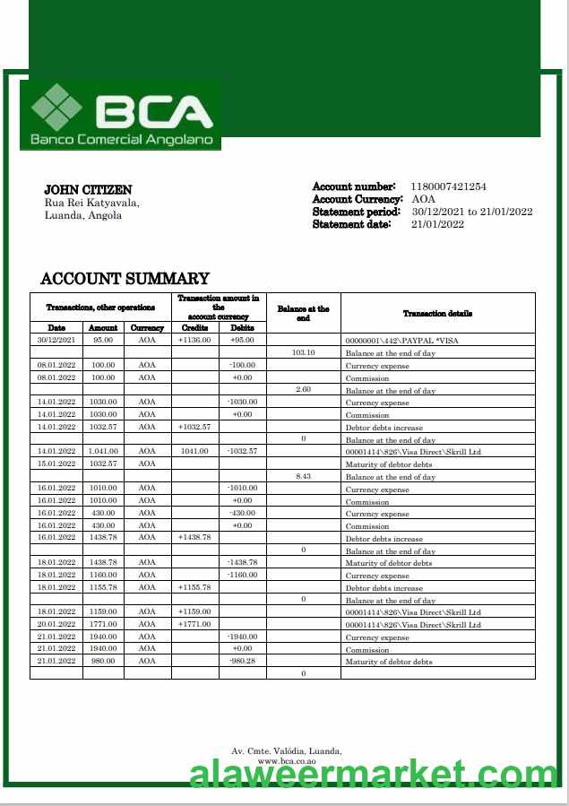 Angola Banco Comercial Angolano bank statement